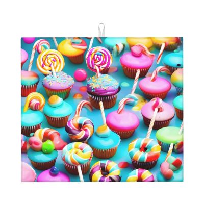 Colorful Sweet Lollipop Cupcake Donut Print Dish Drying Mat Absorbent Drying Mat Kitchen Drying Mat For Countertops Draining Racks