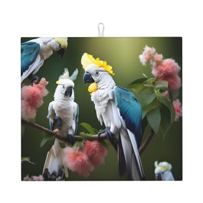 Beautiful Cockatoo Bird Flower Print Dish Drying Mat Absorbent Drying Mat Kitchen Drying Mat For Countertops Draining Racks