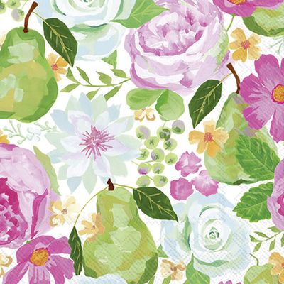 IHR Ideal Home Range Party Napkins Disposable 3-Ply Paper Lunch Napkin Pack, 6.5" x 6.5", Flowers And Pears, 20-Count