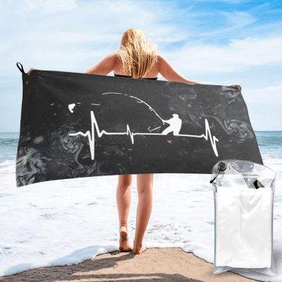 BIGKEULY Fly Fishing Heartbeat Beach Towel Sand Free Quick Dry Beach Towel, for Beach, Swimming Pool, Camping, White
