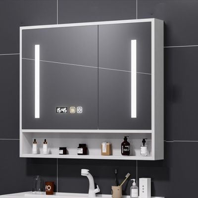 Bathroom vanity mirror cabinet with storage,Solid wood Wall Mounted medicine cabinet mirror,black/white,bathroom mirror with LED lights and anti fog,Time display,Touch switch,Storage Shelf(White,80*12