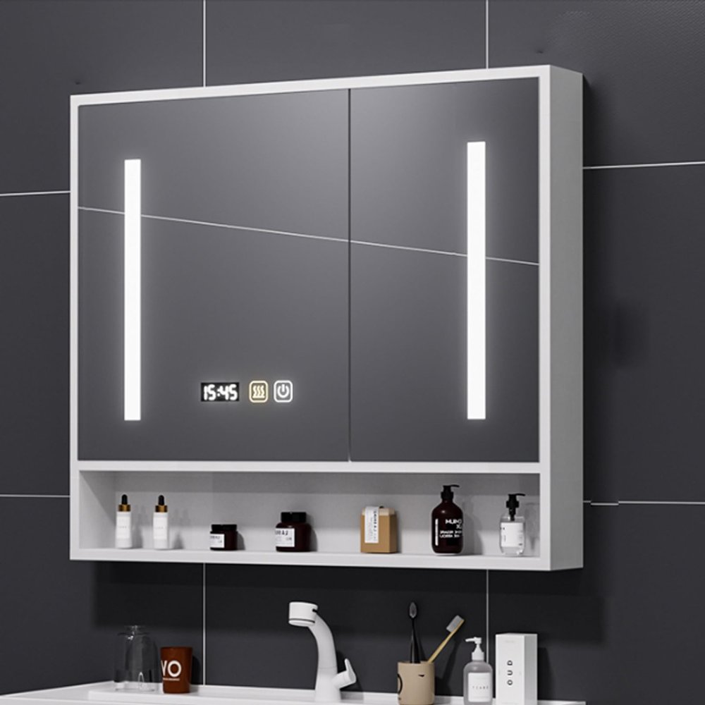 Bathroom vanity mirror cabinet with storage,Solid wood Wall Mounted medicine cabinet mirror,black/white,bathroom mirror with LED lights and anti fog,Time display,Touch switch,Storage Shelf(White,80*12