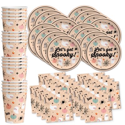 Let's Get Spooky Party Supplies - Halloween Birthday Supplies - Halloween Paper Plates - Tableware Set Includes Plates Napkins Cups - Kit for 16