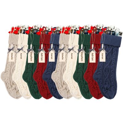 18 Inches Personalized Christmas Stockings: 10 Pack Ivory Red Green Khaki Blue Knit Christmas Stockings Set with Name Tags Christmas Decor Neutral Xmas Decorations Holiday Farmhouse Indoor Home Decor