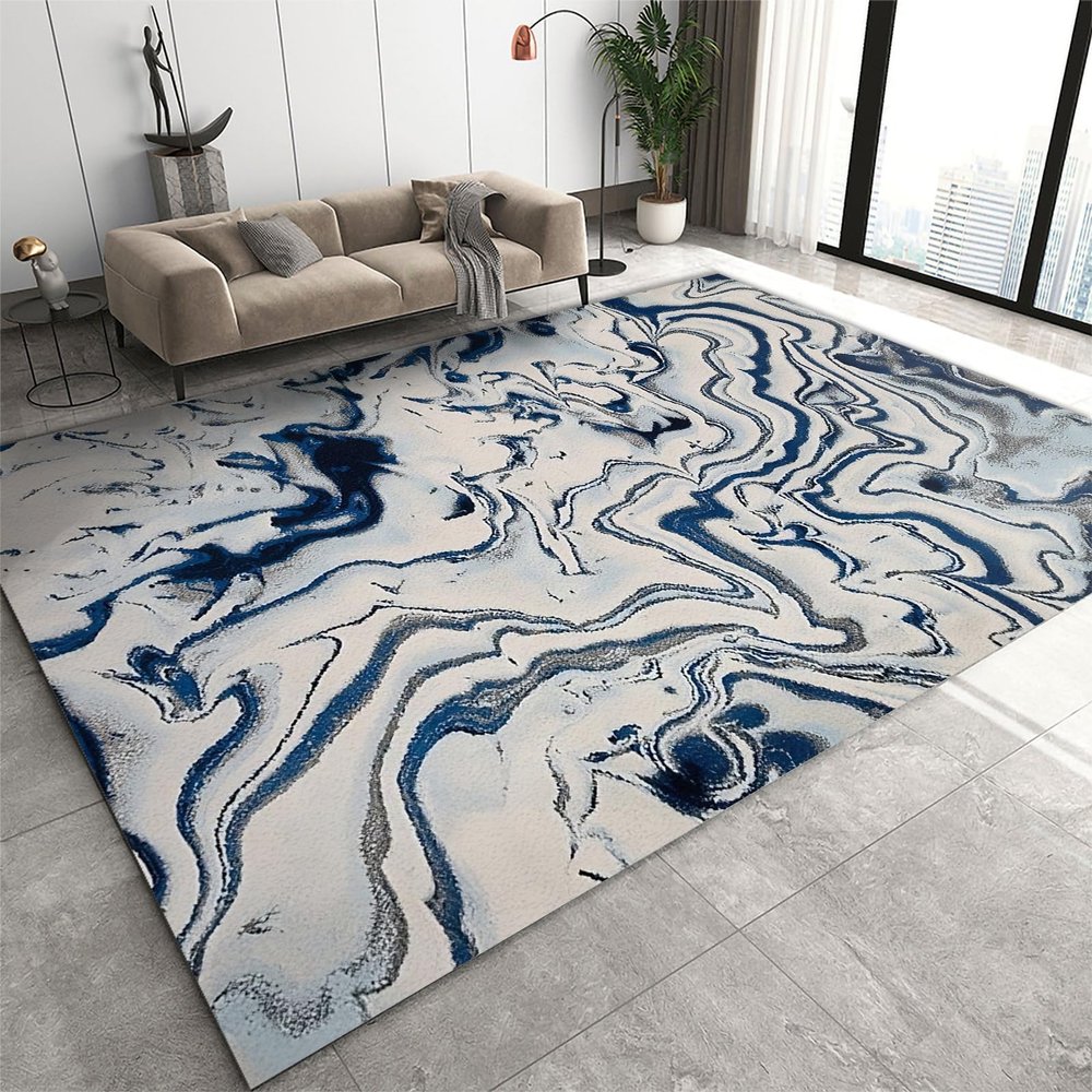 Abstract Blue Gray Fluid Texture Area Rug, Blue Striped Marble Soft Washable Carpet, Indoor Decorative Rug with Non-Slip Backing for Living Room Bedroom 4ftx6ft