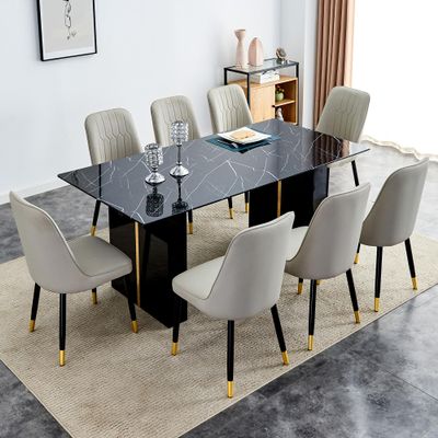 MUUOKY 71" Dining Table Set for 8,9 Piece Dining Table Set, Black Marble Dining Table with 8 PU Leather Dining Chairs for Kitchen, Dining and Living Room