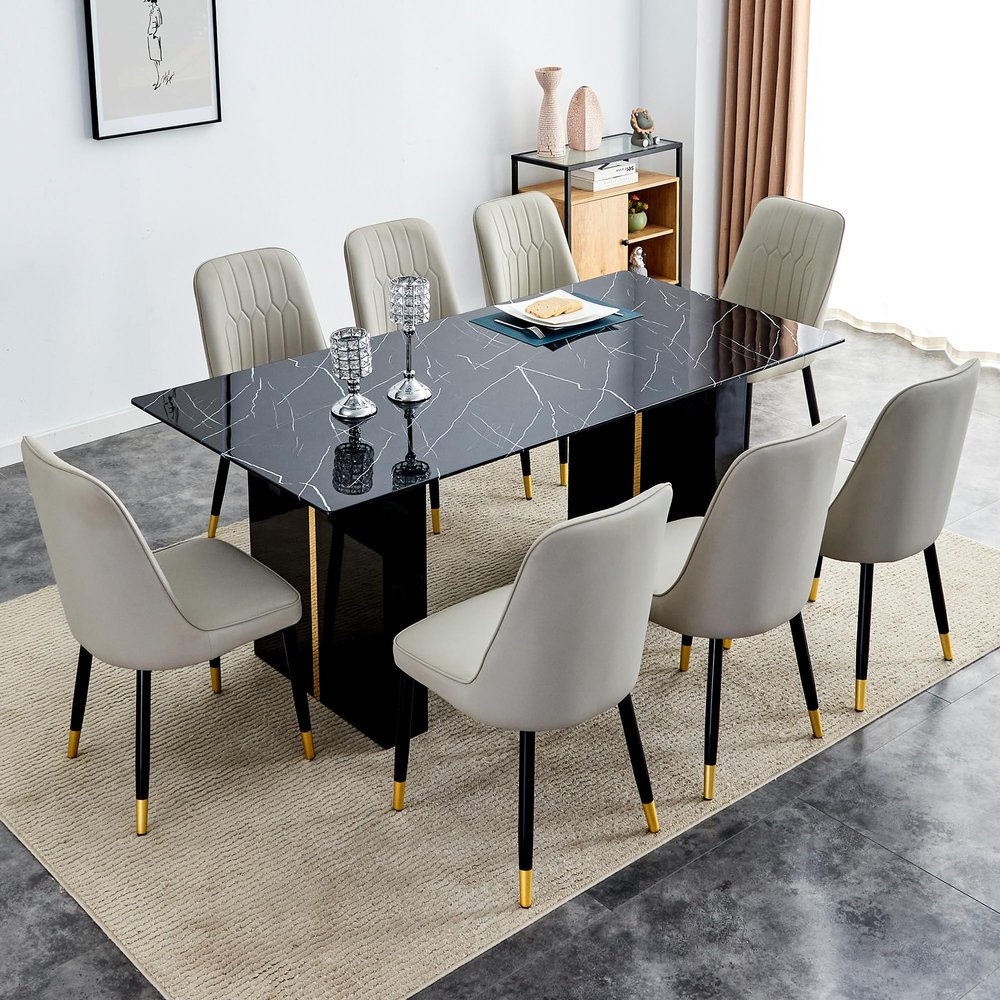 MUUOKY 71" Dining Table Set for 8,9 Piece Dining Table Set, Black Marble Dining Table with 8 PU Leather Dining Chairs for Kitchen, Dining and Living Room