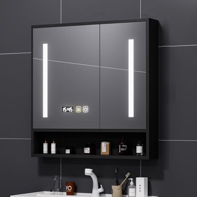 Bathroom vanity mirror cabinet with storage,Solid wood Wall Mounted medicine cabinet mirror,black/white,bathroom mirror with LED lights and anti fog,Time display,Touch switch,Storage Shelf(Black,70*12