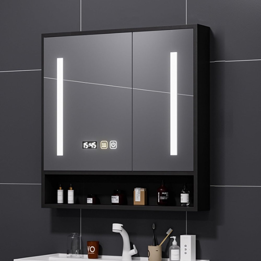 Bathroom vanity mirror cabinet with storage,Solid wood Wall Mounted medicine cabinet mirror,black/white,bathroom mirror with LED lights and anti fog,Time display,Touch switch,Storage Shelf(Black,70*12
