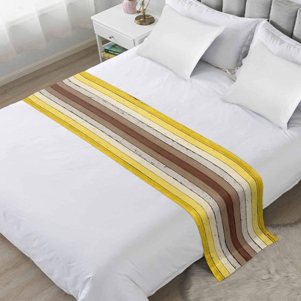 Yellow Brown Stripes Bed Runner for Cal. King Size Bed, Farmhouse Country Retro Rustic Wood Bedspread Protector Slipcover Bed Scarf for Foot Bed Runners & Scarves for Bedroom Hotel 94x20 Inches