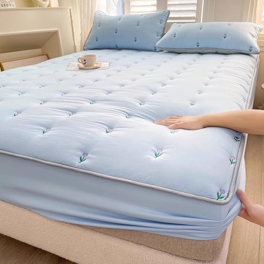 SUZEPER Washed Cotton Embroidery Mattress Protector with 2 Pillowcases, Thicken Mattress Cover Protector,Breathable Mattress Topper Fitted 11" Deep Pocket for Bedroom(2.0M Bed 78.7x86.6in 3PCS, Blue)