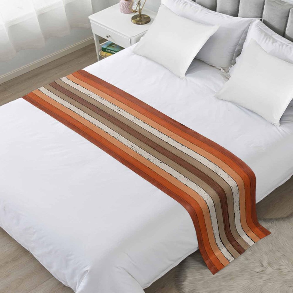 Homechoid Orange Brown Stripes Bed Runner for King Size Bed, Farmhouse Country Retro Rustic Wood Bedspread Protector Slipcover Bed Scarf for Foot Bed Runners & Scarves for Bedroom Hotel 102x20 Inches