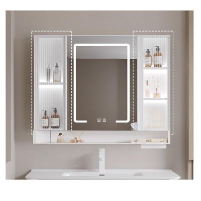 Lighted Medicine Cabinet with Mirror, Wall Mounted Bathroom Mirror with Storage, with Doors Bathroom Wall Cabinet with LED Lights, With tissue mouthTouch Control(White,W70*H70cm/W27.5*H27.5in)