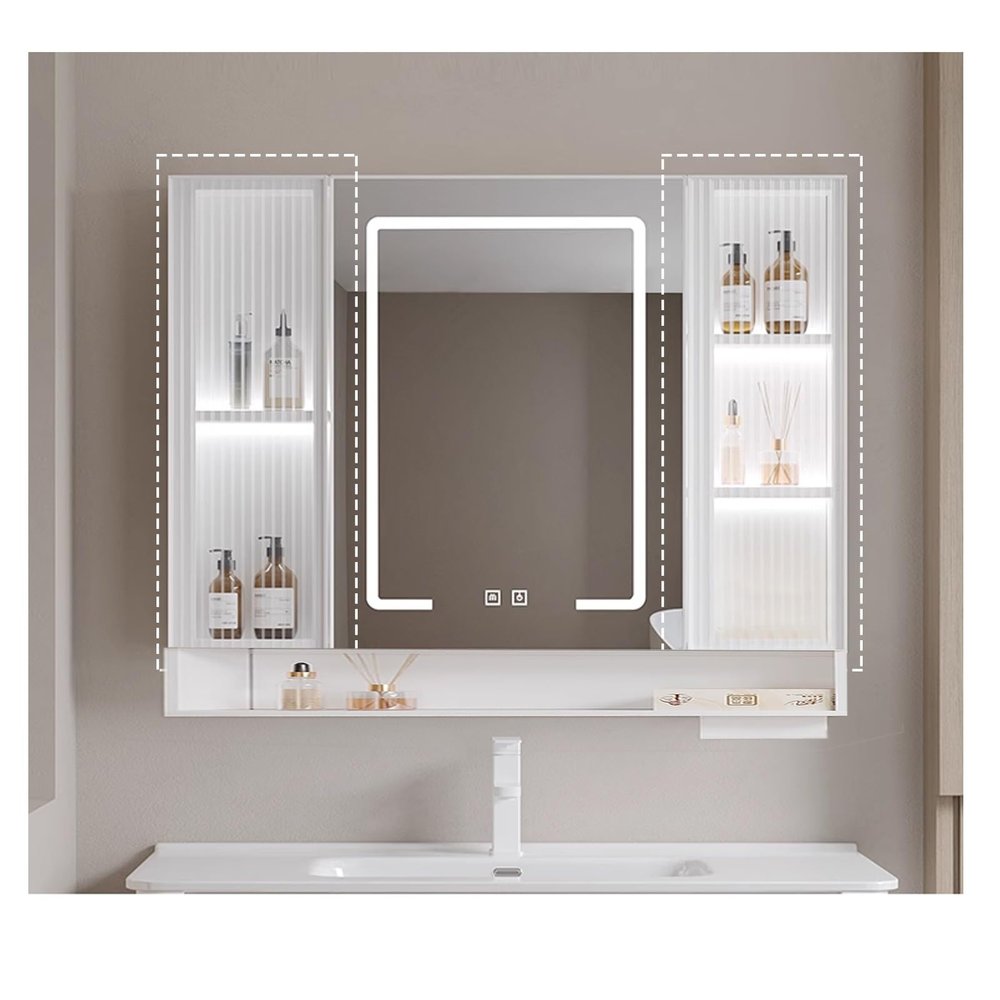 Lighted Medicine Cabinet with Mirror, Wall Mounted Bathroom Mirror with Storage, with Doors Bathroom Wall Cabinet with LED Lights, With tissue mouthTouch Control(White,W80*H70cm/W31.4*H27.5in)