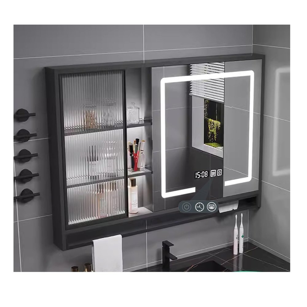 Led Medicine Cabinet Mirror, Lighted Medicine Cabinet with Mirror,Medicine Cabinet Mirror for Bathroom Medicine Cabinet with Lights, With towel rackPaper towel port(Black,W60*H75cm/W23.6*H29.5in)