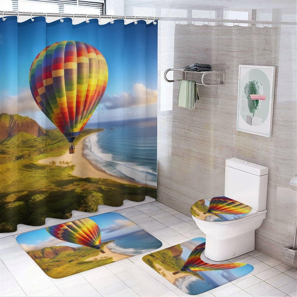LMNGH Shower Curtain Set Hawaii Hot Air Balloon Bathroom 4 Set with Non-Slip Rugs Toilet Lid Cover and Bath Mat Waterproof Bath Accessories for Bathroom Decor Set 72" X 72"