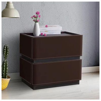 Modern Nightstand with drawers, Luxury Bedside Table, with Saddle Leather Finish Night Table, Double Drawer Storage Side Table, for Living Room/Bedroom/Office,Dark brown,small