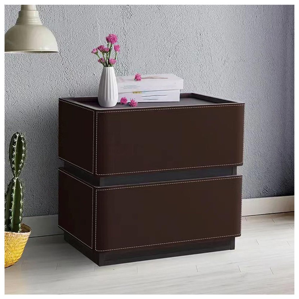 Modern Nightstand with drawers, Luxury Bedside Table, with Saddle Leather Finish Night Table, Double Drawer Storage Side Table, for Living Room/Bedroom/Office,Dark brown,small