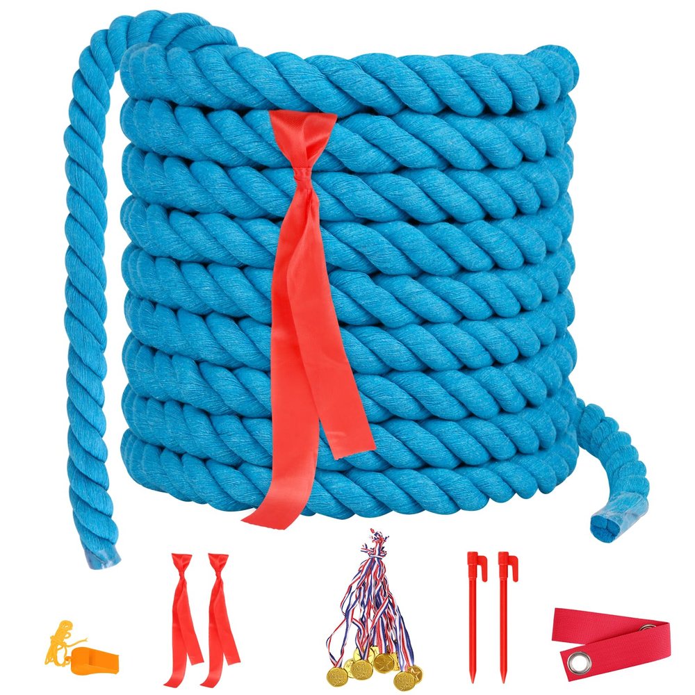 Field Day Tug of War Rope for Kids and Adults, Outdoor Lawn Yard Family Reunion Birthday Games, Team Building Games for Carnival Party, Outside Backyard Camping Picnic Party, School Party (Blue)
