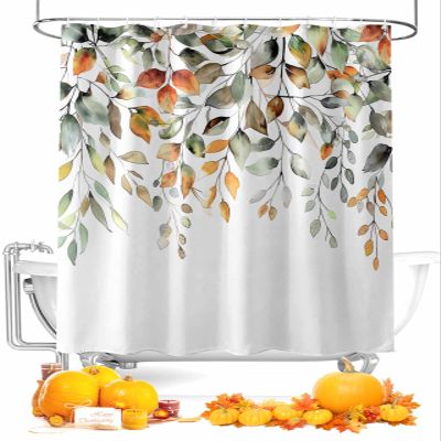Fabric Shower Curtain for Bathroom Autumn Eucalyptus Leaves Fall Thanksgiving Orange Sage Green 72 x 78 Inches Bathroom Curtain Waterproof Curtains Machine Washable