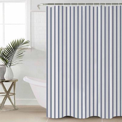 Huotupsine Navy Blue Striped Shower Curtain Set - 48" x 72" Washable Bathtub Curtain with 12 Hooks, Navy Blue White Stripes Farmhouse Waterproof Fabric Stall Shower Curtains for Bathroom/Bathtub