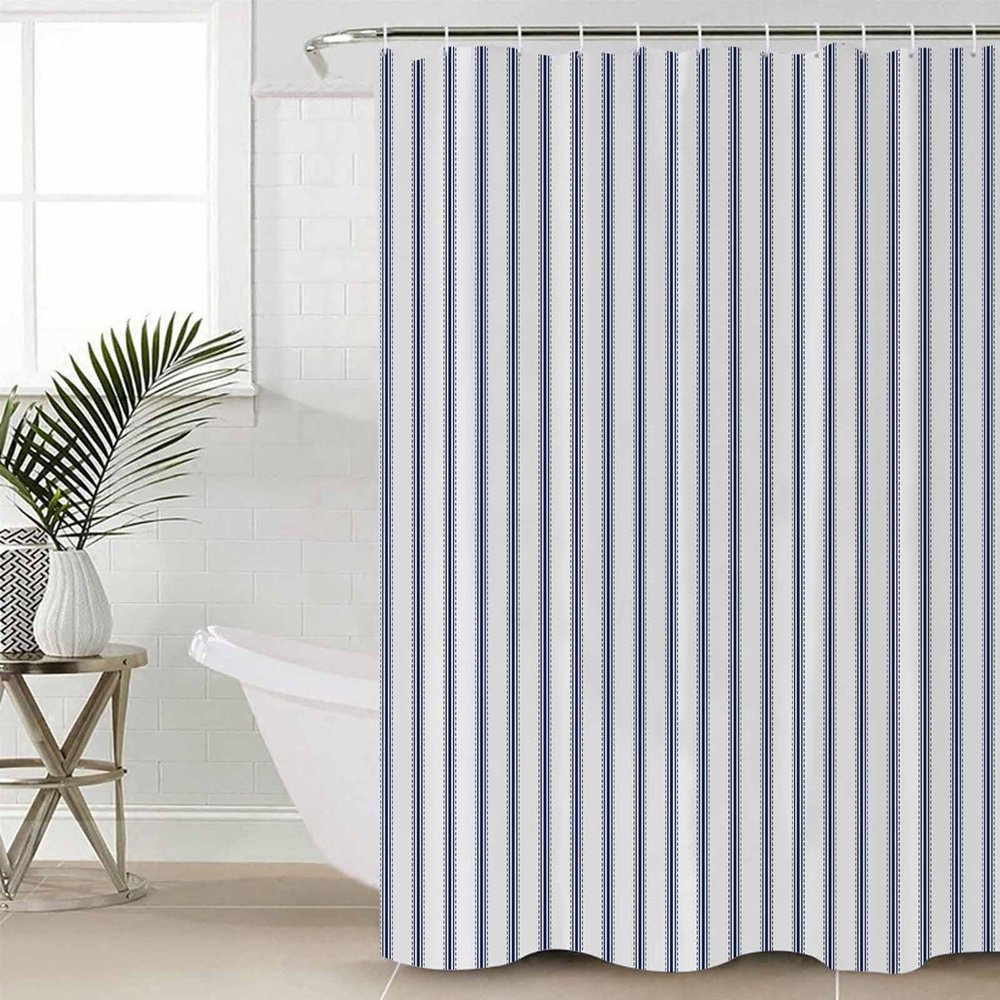 Huotupsine Navy Blue Striped Shower Curtain Set - 48" x 72" Washable Bathtub Curtain with 12 Hooks, Navy Blue White Stripes Farmhouse Waterproof Fabric Stall Shower Curtains for Bathroom/Bathtub