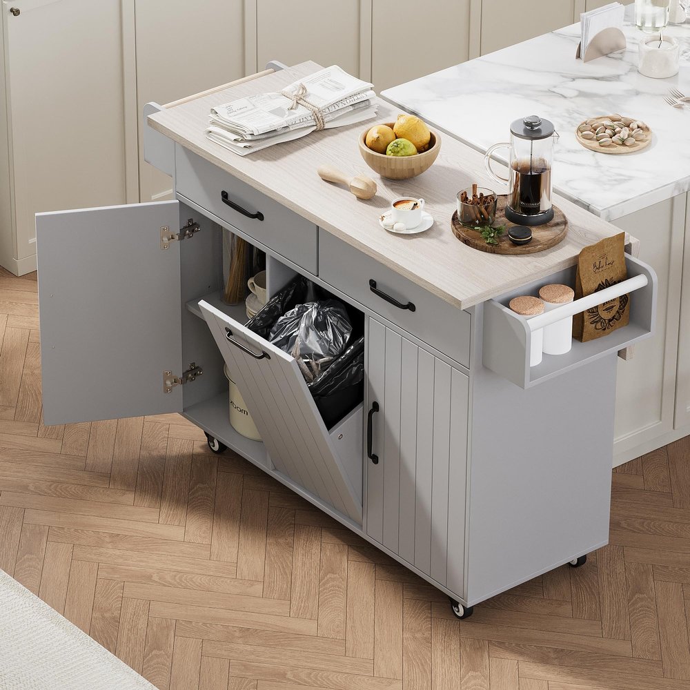 XD Designs Kitchen Island with Trash Can Storage Cabinet, Wood Kitchen Cart with Drop Leaf, Spice Rack, Towel Rack and Drawer, Rolling Kitchen Island on Wheels with Adjustable Shelf (Grey-K1)