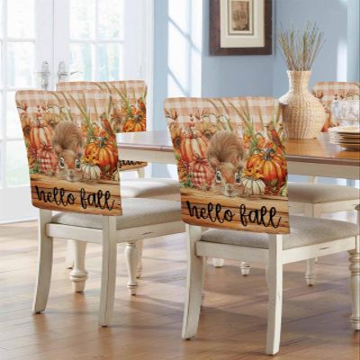Pinroote Hello Fall Squirrel Chair Covers - 4 Pcs Dining Room Chair Back Covers, Orange Plaid Pumpkins Thanksgiving Chair Slipcovers Removable Chair Protectors Covers for Kitchen/Banquet/Party 19"x20"