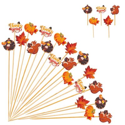Jiesky 125pcs Fall Cocktail Picks Autumn Theme turkey squirrel pumpkin maple leaf Bamboo Cocktail Toothpicks Fruit Sticks Sandwich Appetizer Charcuterie Skewers for Thanksgiving Day Decorations Party