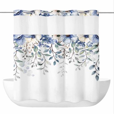 Anzona No Hook Shower Curtains, Blue Spring Floral Stall Bathroom Curtain with Snap in Liner, Elegant Botanical Summer Flowers Waterproof Washable Fabric Bathroom Shower Curtain Sets, 48" x 72"