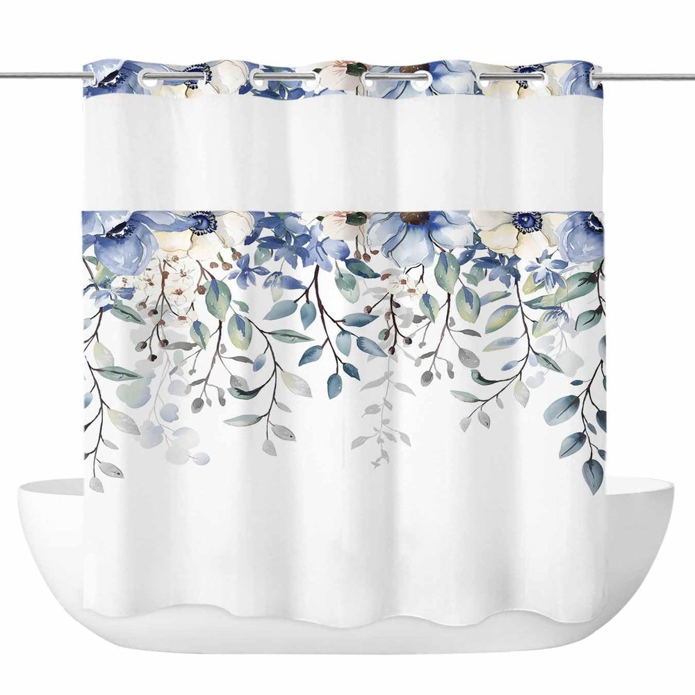 Anzona No Hook Shower Curtains, Blue Spring Floral Stall Bathroom Curtain with Snap in Liner, Elegant Botanical Summer Flowers Waterproof Washable Fabric Bathroom Shower Curtain Sets, 48" x 72"