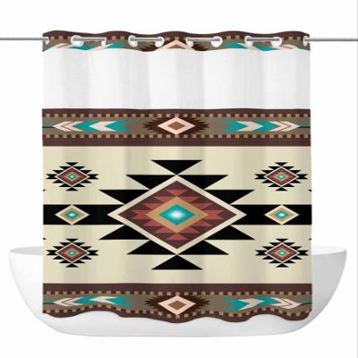 Anzona No Hook Shower Curtains, Brown Teal Southwest Standard Bathroom Curtains with Snap in Liner, Western Geometric Abstract Ethnic Waterproof Washable Fabric Bathroom Shower Curtain Sets, 60" x 72"