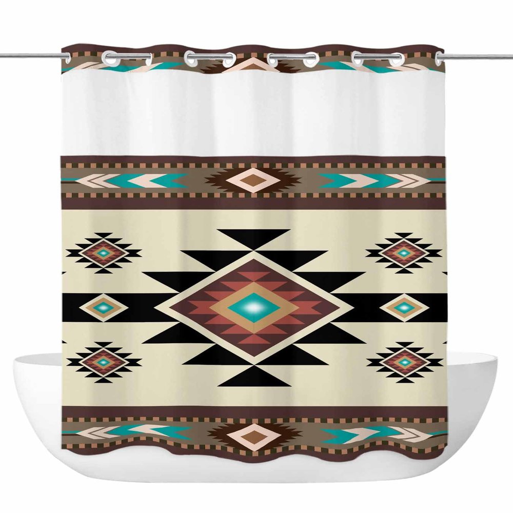 Anzona No Hook Shower Curtains, Brown Teal Southwest Standard Bathroom Curtains with Snap in Liner, Western Geometric Abstract Ethnic Waterproof Washable Fabric Bathroom Shower Curtain Sets, 60" x 72"