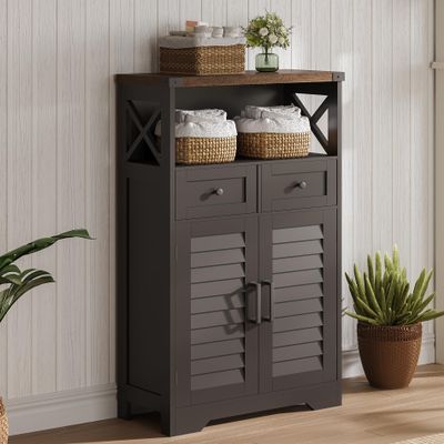 ChooChoo Farmhouse Storage Cabinet, Bathroom Floor Cabinet with Doors and Drawers, Kitchen Pantry Cabinet for Living Room, Laundry, Black