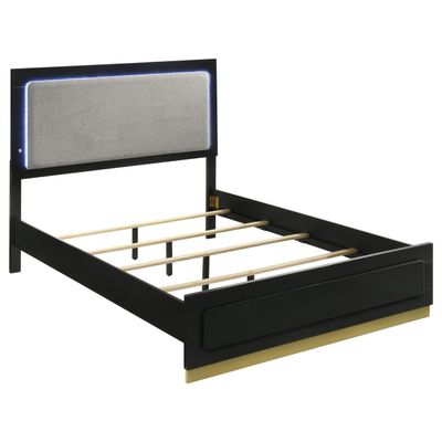 Benzara Caer Queen Size Bed- LED Panel Tall Headboard- Gray Upholstery- Black Okume