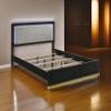 Benzara Caer Queen Size Bed- LED Panel Tall Headboard- Gray Upholstery- Black Okume view 2