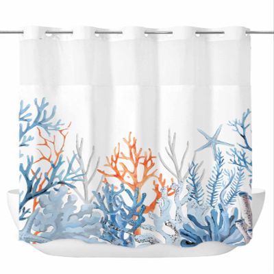 Anzona No Hook Shower Curtains, Blue Nautical Coastal Long Bathtub Curtains with Snap in Liner, Summer Beach Coral Seaside Waterproof Washable Fabric Bathroom Shower Curtain Sets, 72" x 78"