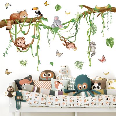 Buiory Removable Jungle Animals Wall Decals Peel and Stick Safari Monkey Climbing Tree Wall Stickers Vinyl Sloth Butterfly Vine Mural Art Decor for Kids Nursery Bedroom Living Room Sofa TV Wall