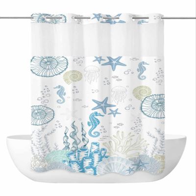 Anzona No Hook Shower Curtains, Blue Coastal Small Shower Curtains with Snap in Liner, Nautical Summer Beach Starfish Coral Waterproof Washable Fabric Bathroom Shower Curtain Sets, 36" x 72"