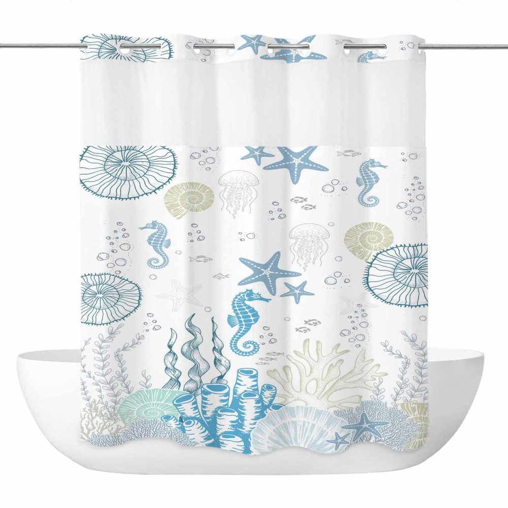 Anzona No Hook Shower Curtains, Blue Coastal Small Shower Curtains with Snap in Liner, Nautical Summer Beach Starfish Coral Waterproof Washable Fabric Bathroom Shower Curtain Sets, 36" x 72"