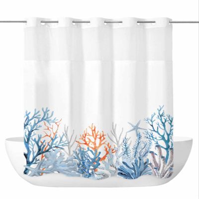 Anzona No Hook Shower Curtains, Blue Nautical Coastal Standard Bathroom Curtains with Snap in Liner, Summer Beach Coral Seaside Waterproof Washable Fabric Bathroom Shower Curtain Sets, 60" x 72"
