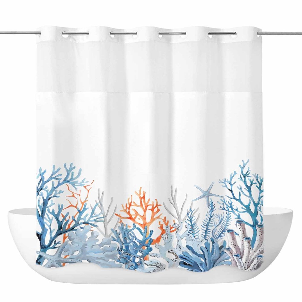 Anzona No Hook Shower Curtains, Blue Nautical Coastal Standard Bathroom Curtains with Snap in Liner, Summer Beach Coral Seaside Waterproof Washable Fabric Bathroom Shower Curtain Sets, 60" x 72"