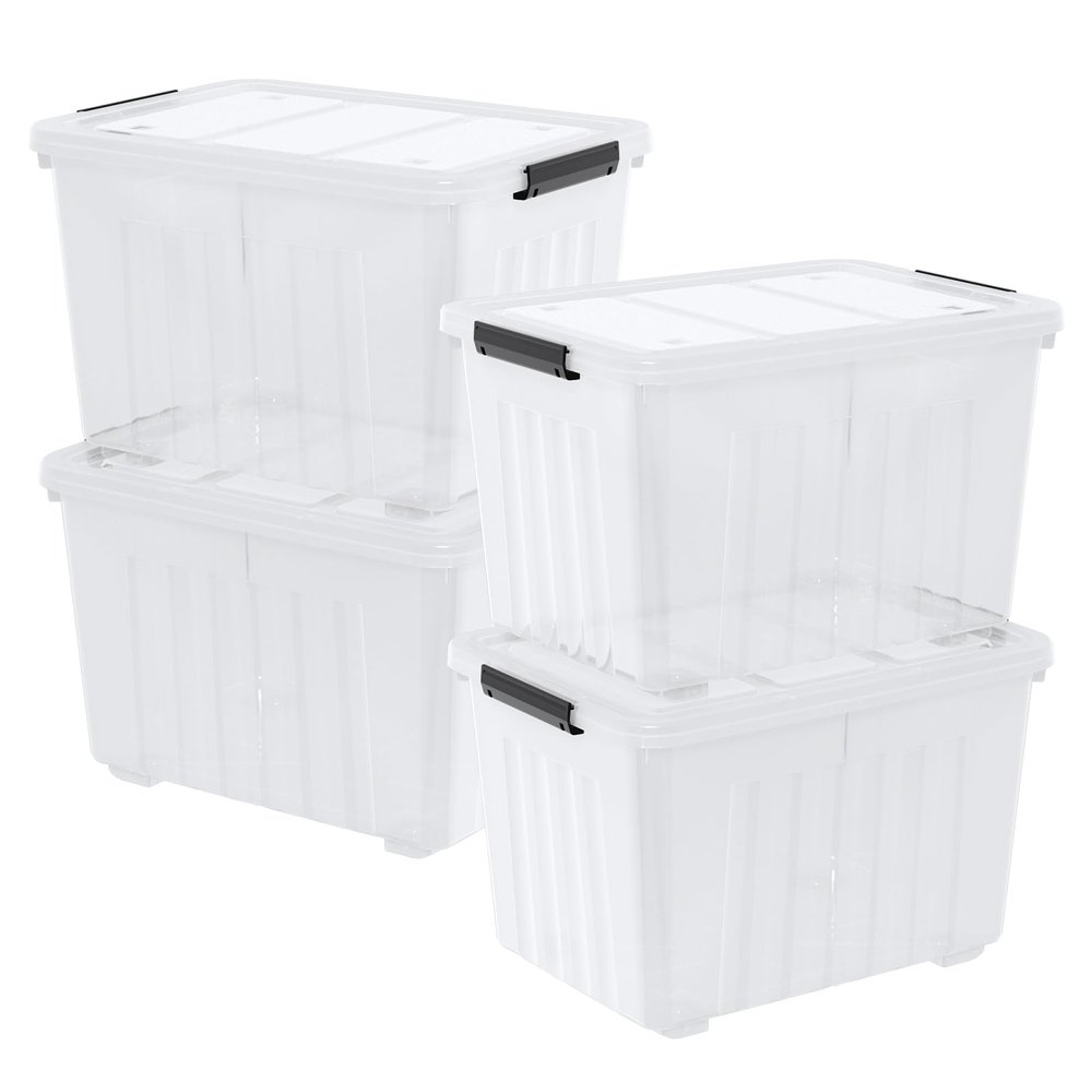 Julyeen 4 Packs Large 70 L Plastic Stackable Storage Bins with Wheels and Latching Lid, Clear Storage Container Tote