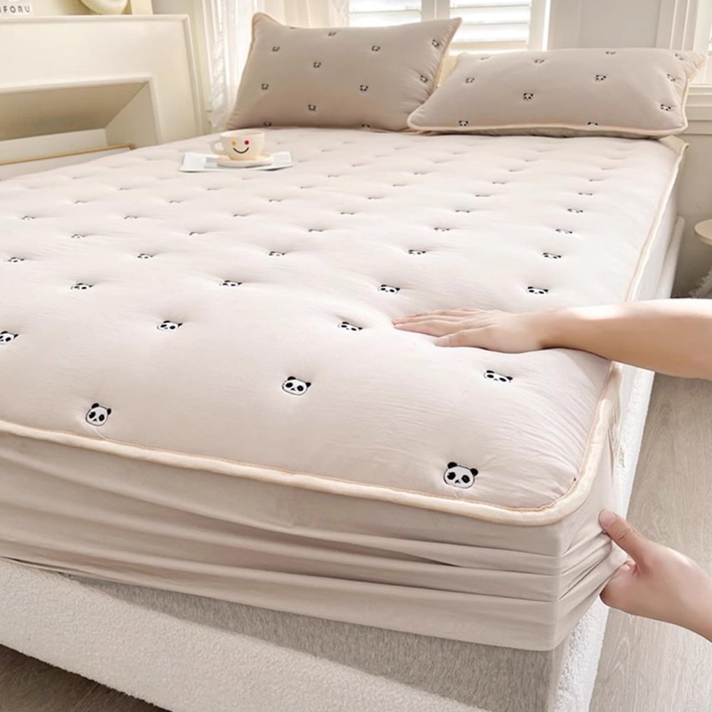 Washed Cotton Embroidery Mattress Protector With 2 Pillowcases, Thicken Mattress Cover Protector,Breathable Mattress Topper Fitted 11" Deep Pocket For Bedroom(2.0M bed 78.7x86.6in 3PCS, Khaki A)