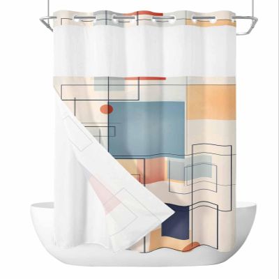 Anzona No Hook Shower Curtains, Orange Blue Geometric Stall Bathroom Curtain with Snap in Liner, Vintage Contemporary Abstract Waterproof Washable Fabric Bathroom Shower Curtain Sets, 54" x 78"