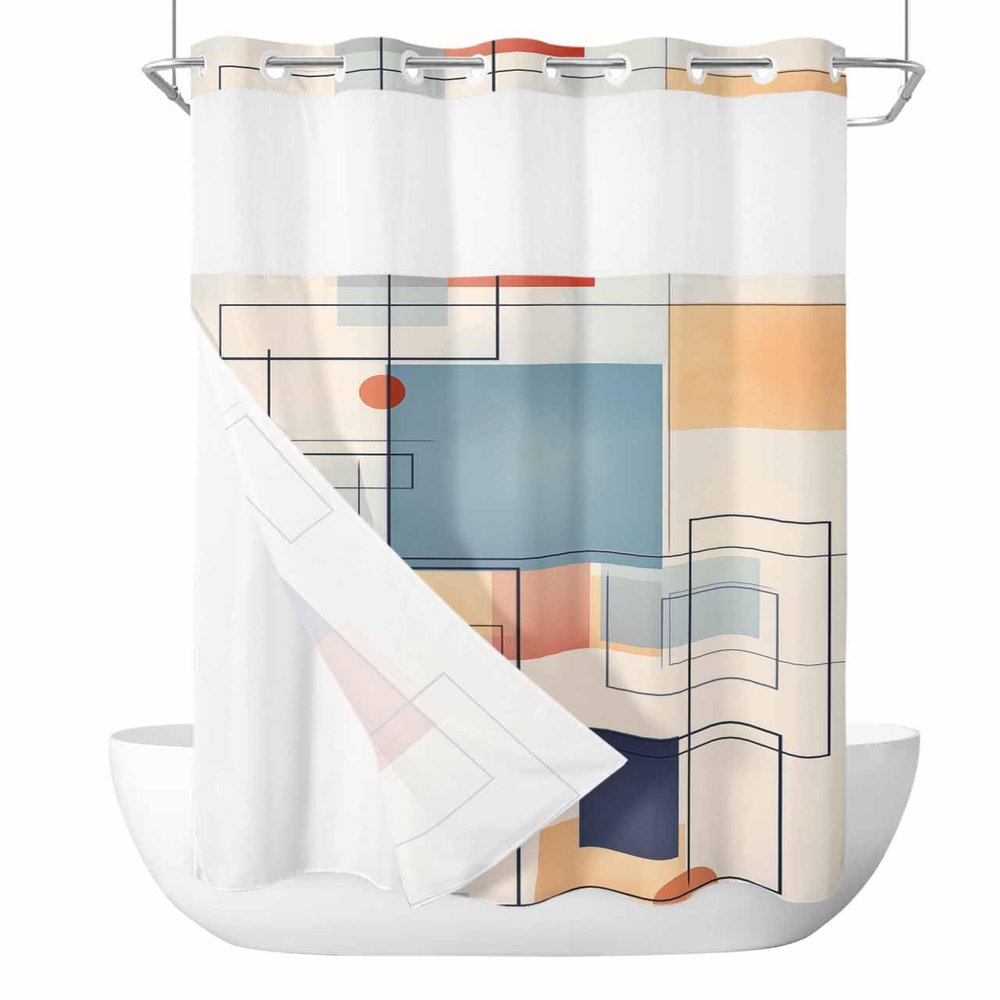 Anzona No Hook Shower Curtains, Orange Blue Geometric Stall Bathroom Curtain with Snap in Liner, Vintage Contemporary Abstract Waterproof Washable Fabric Bathroom Shower Curtain Sets, 54" x 78"