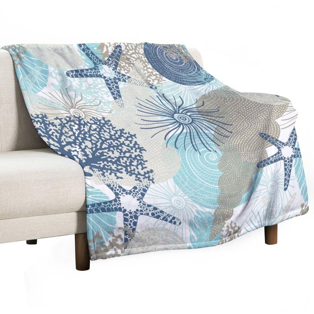 Coastal Blanket Ocean Starfish Coral Blue Green Modern Abstract Soft Cozy Lightweight Throw Blanket for Kids Girls Boys Women Bedroom Living Room Dorm Chair Sofa Travel 40x50in