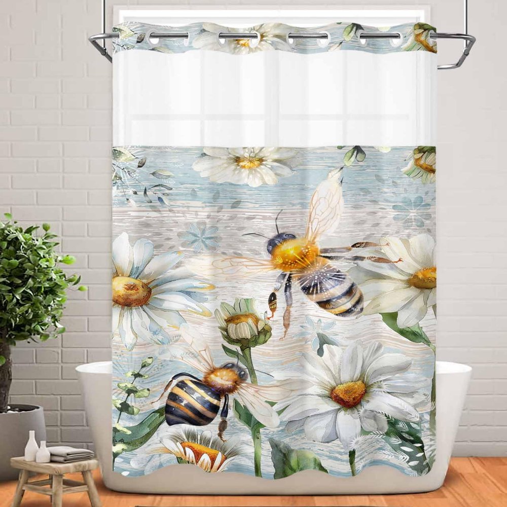 YESOF66 Shower Curtain No Hook Waterproof Outer Curtain with Snap in Liner - Rustic White Daisy Flower Bee See Through Top Liner Privacy Shower Curtain for Hotel Bathroom Decor - 36" W x 72" L