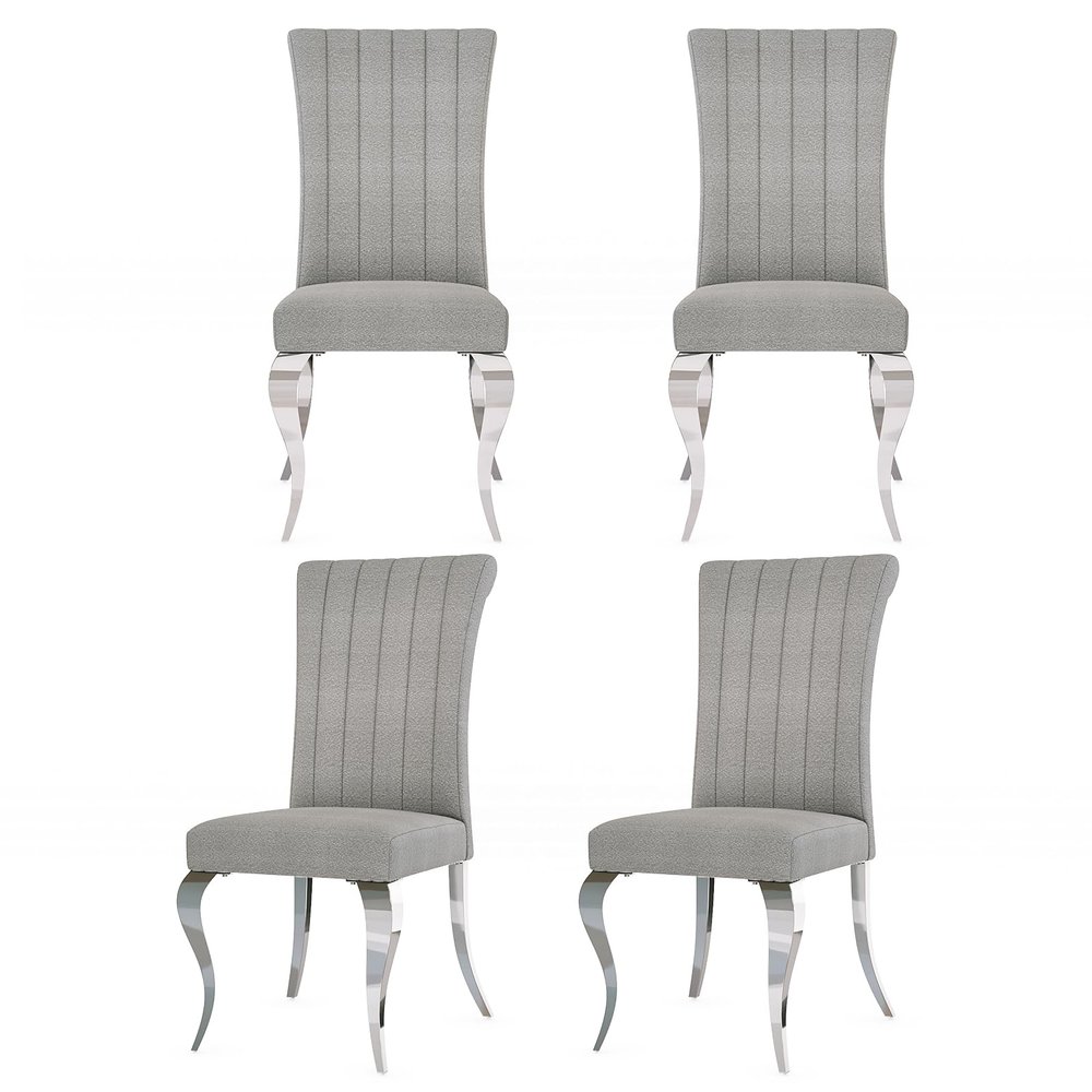 Anewsun Silver Boucle Dining Chairs Set of 4, Modern Upholstered High Back Gray Kitchen Dining Chairs with Thick Cushions Chrome Stainless Steel Polished Legs, Loads 500lbs for Kitchen Dining Room