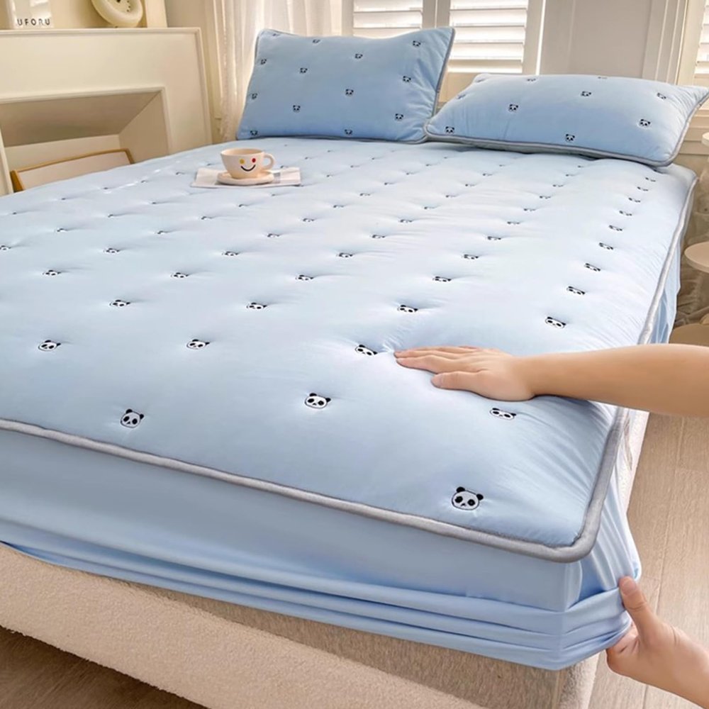 SUZEPER Washed Cotton Embroidery Mattress Protector with 2 Pillowcases, Thicken Mattress Cover Protector,Breathable Mattress Topper Fitted 11" Deep Pocket for Bedroom(King 70.8x78.7in 3PCS, Blue A)